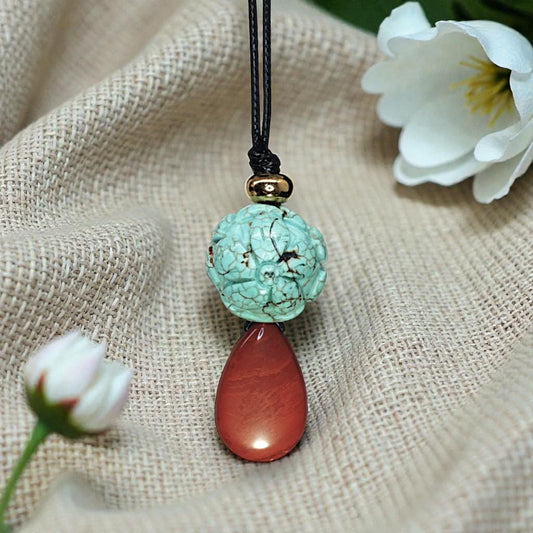 Carved Turquoise Flower & Red Jasper Totem Necklace - 20mm Carved Stone - 30" Adjustable Cord - Earthy Boho Chunky #2075