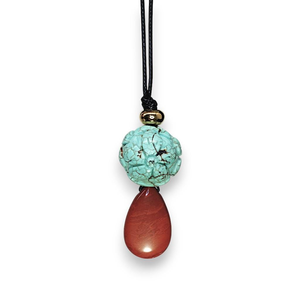 Carved Turquoise Flower & Red Jasper Totem Necklace - 20mm Carved Stone - 30" Adjustable Cord - Earthy Boho Chunky #2075