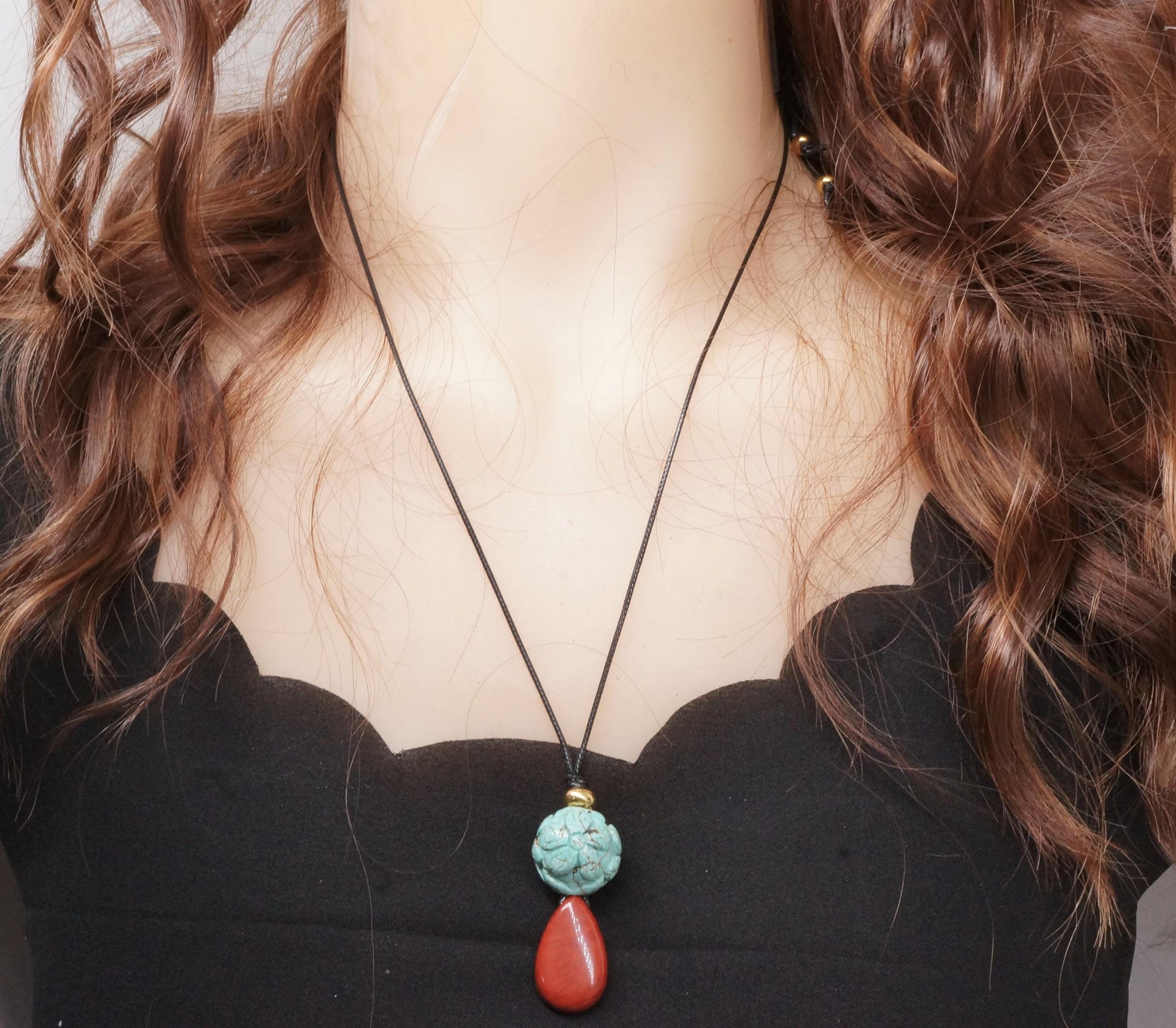 Carved Turquoise Flower & Red Jasper Totem Necklace - 20mm Carved Stone - 30" Adjustable Cord - Earthy Boho Chunky #2075
