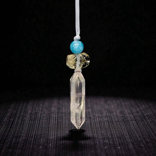 Geometric Rose Quartz Point Necklace - Chunky Natural Citrine & Aquamarine Zen Pendant - 30" Adjustable Cord - Healing Crystal #2074