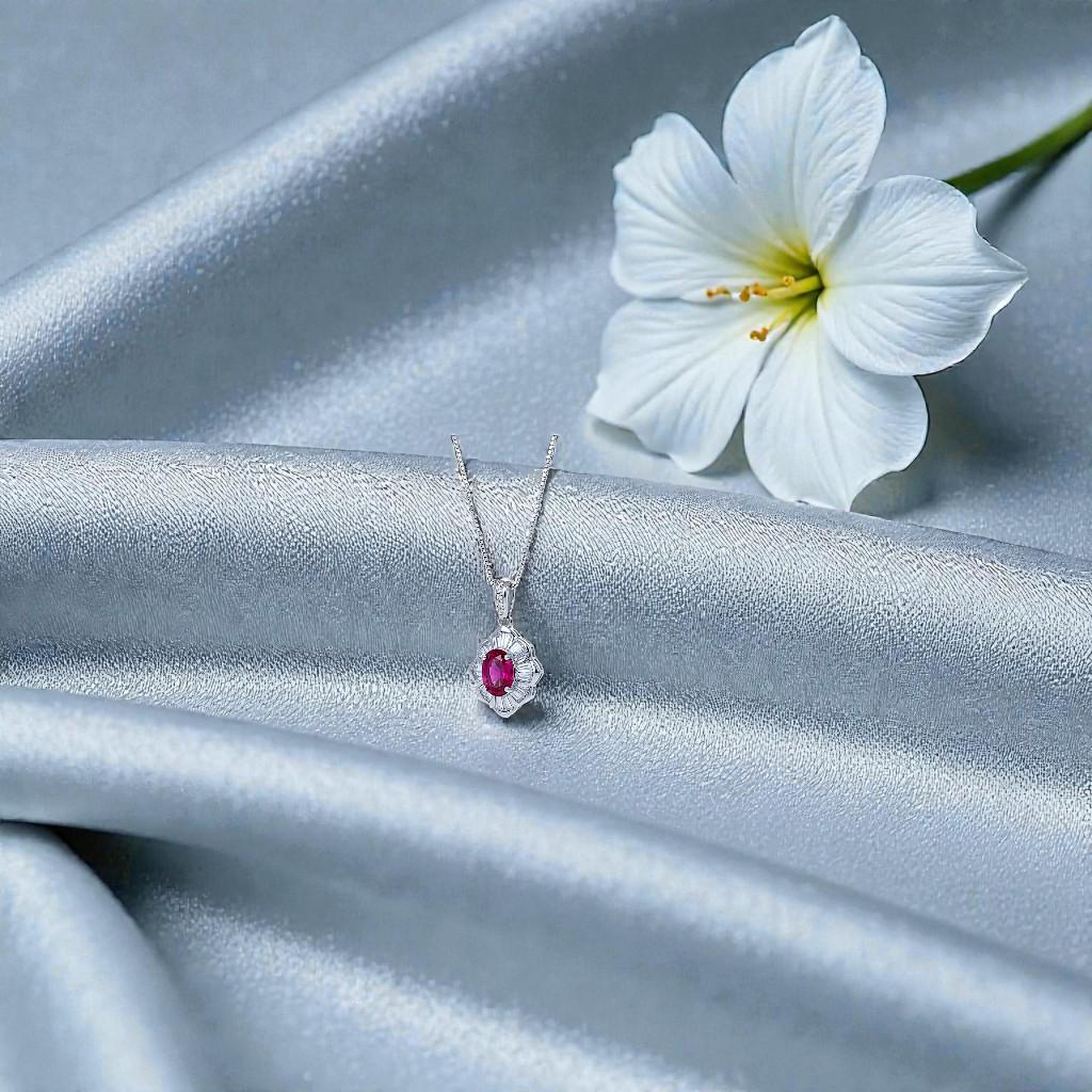 Lab Created Ruby Flower Necklace, 18k White Gold over Silver, Red Gemstone Floral Pendant, July Birthstone Chain 1146