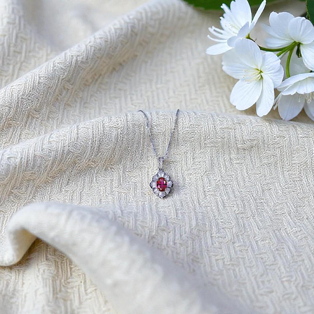 Lab Created Ruby Flower Necklace, 18k White Gold over Silver, Red Gemstone Floral Pendant, July Birthstone Chain 1146