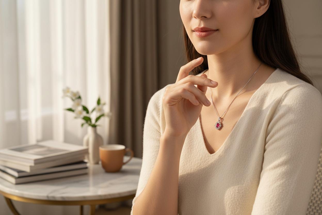 Lab Created Ruby Flower Necklace, 18k White Gold over Silver, Red Gemstone Floral Pendant, July Birthstone Chain 1146