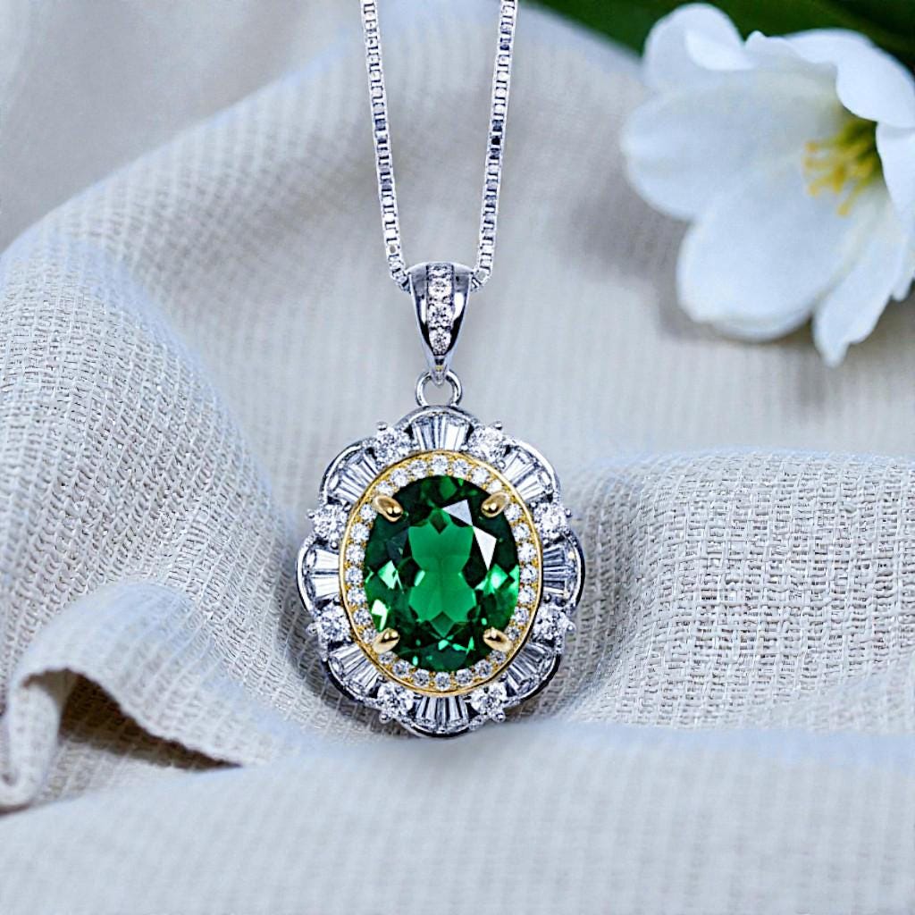 Emerald Necklace - 18KGP @ Sterling Silver - Gemstone Flower Emerald Pendant - May Birthstone Green Jewelry #622