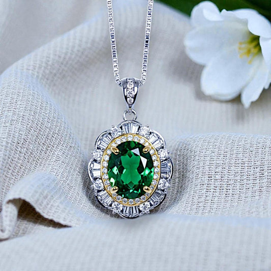 Emerald Necklace - 18KGP @ Sterling Silver - Gemstone Flower Emerald Pendant - May Birthstone Green Jewelry #622