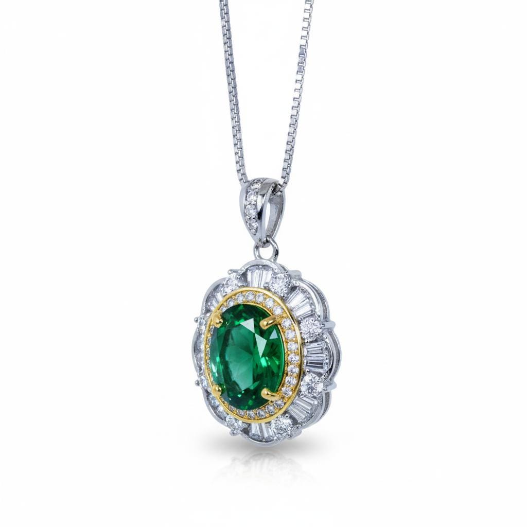 Emerald Necklace - 18KGP @ Sterling Silver - Gemstone Flower Emerald Pendant - May Birthstone Green Jewelry #622