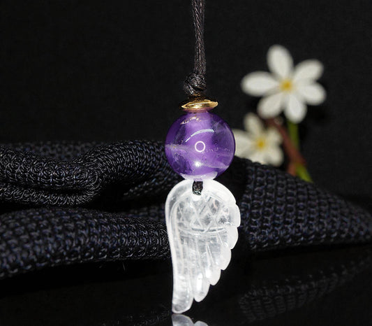 Amethyst Clear Quartz Angel Wing Necklace, Natural Purple Crystal Chunky Pendant, Adjustable Leather Cord, Spiritual Gift for Her #2073