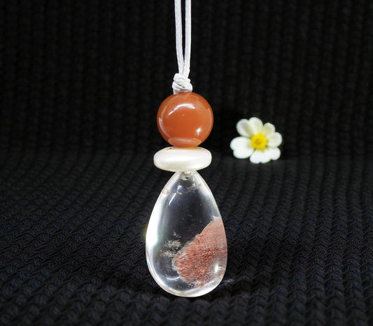 Red Phantom Quartz & Carnelian Necklace, Natural Red Agate Chunky Pendant, Genuine Pearl, Adjustable Leather Cord, Energy Jewelry #2072