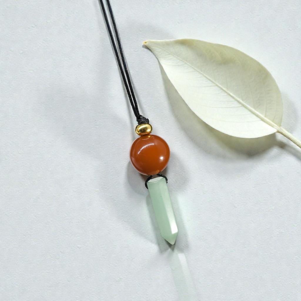 Green Aventurine & Red Carnelian Necklace, Natural Crystal Point Chunky Pendant, Adjustable Leather Cord, Energy Healing Jewelry #2071