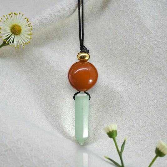 Green Aventurine & Red Carnelian Necklace, Natural Crystal Point Chunky Pendant, Adjustable Leather Cord, Energy Healing Jewelry #2071