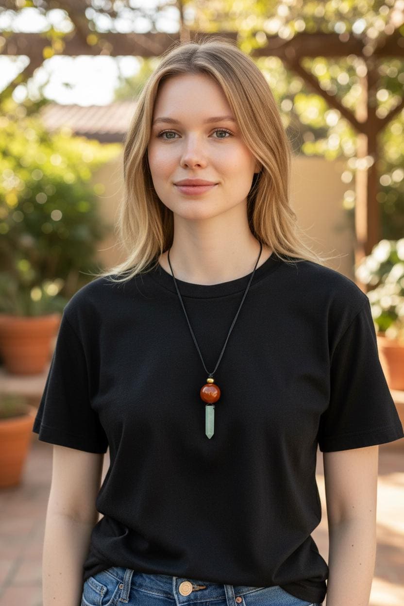 Green Aventurine & Red Carnelian Necklace, Natural Crystal Point Chunky Pendant, Adjustable Leather Cord, Energy Healing Jewelry #2071