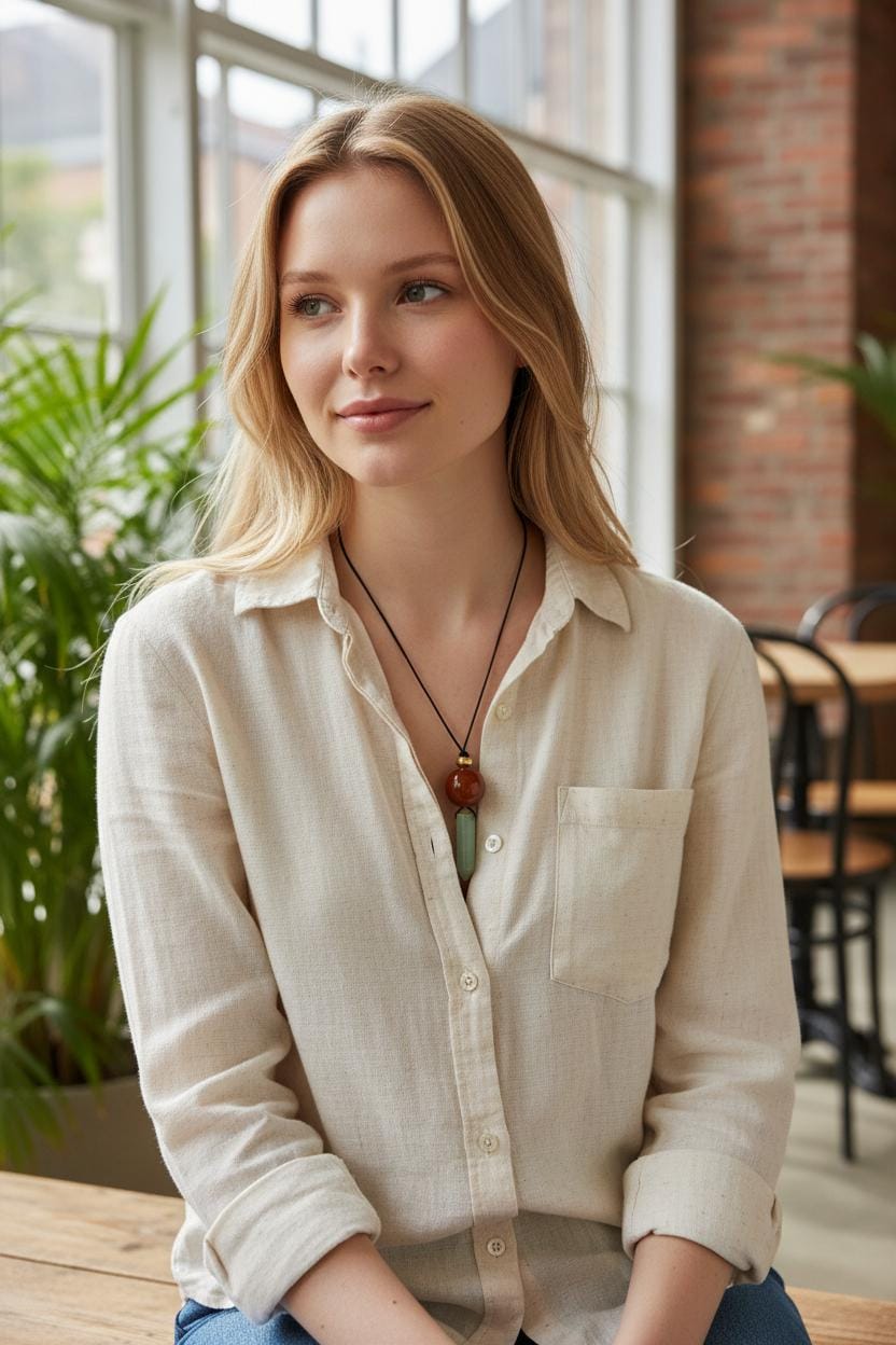 Green Aventurine & Red Carnelian Necklace, Natural Crystal Point Chunky Pendant, Adjustable Leather Cord, Energy Healing Jewelry #2071