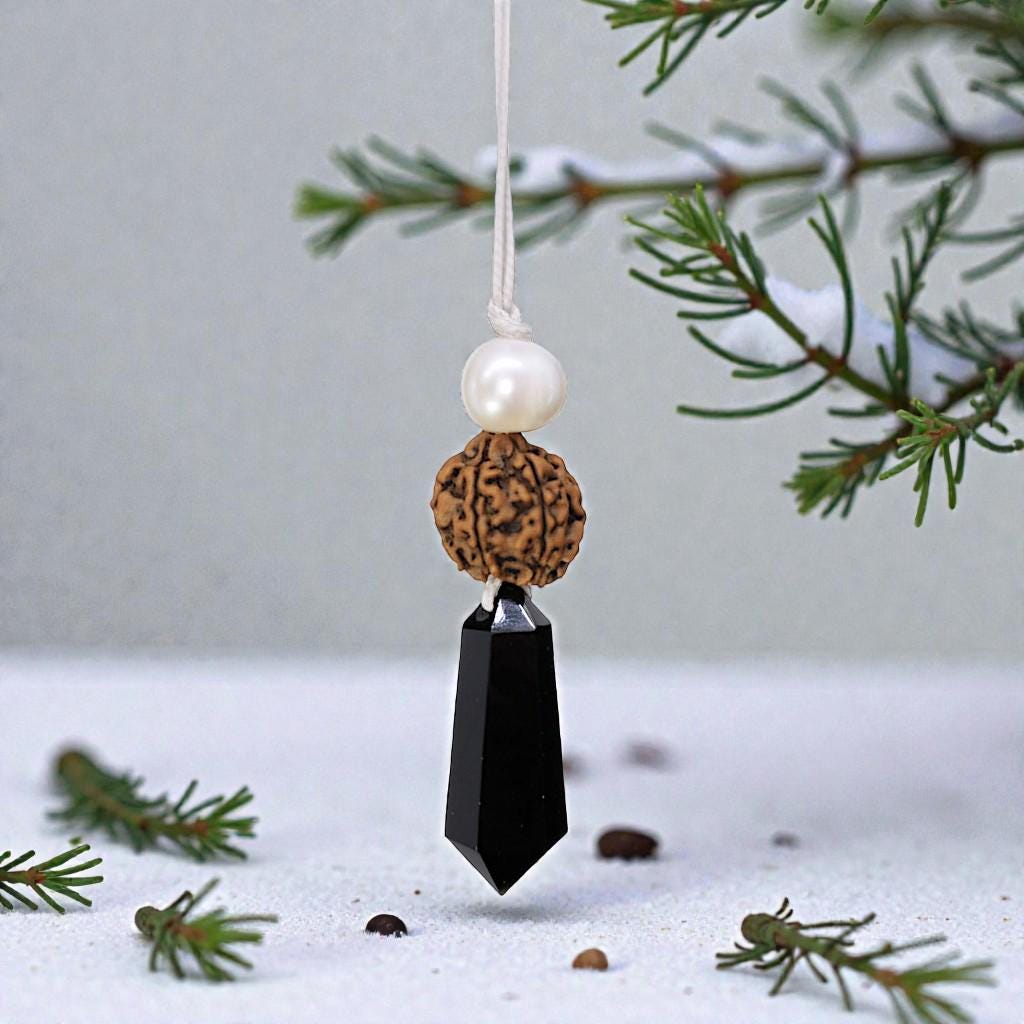 Black Obsidian Rudraksha Seed Necklace, Natural Pearl Chunky Pendant, Adjustable Leather Cord, Spiritual Prayer & Energy Jewelry #2070