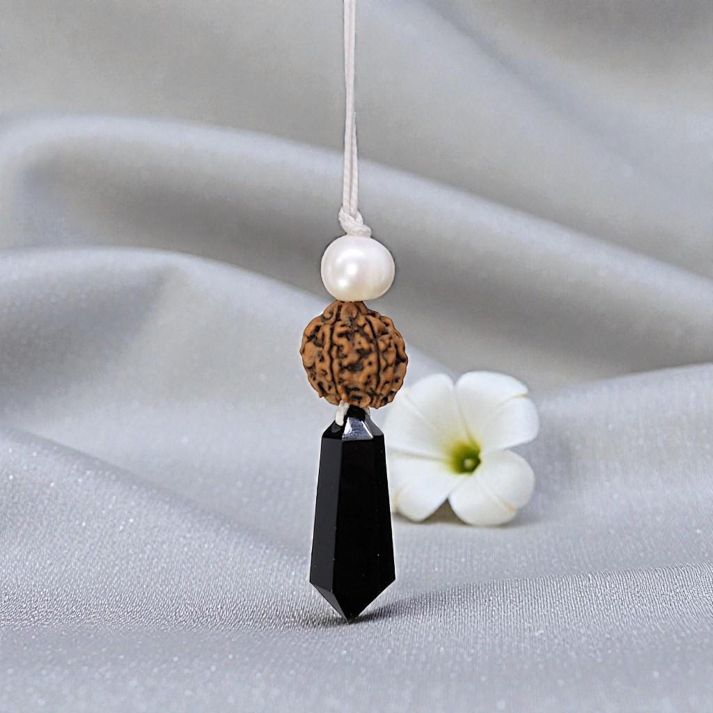 Black Obsidian Rudraksha Seed Necklace, Natural Pearl Chunky Pendant, Adjustable Leather Cord, Spiritual Prayer & Energy Jewelry #2070