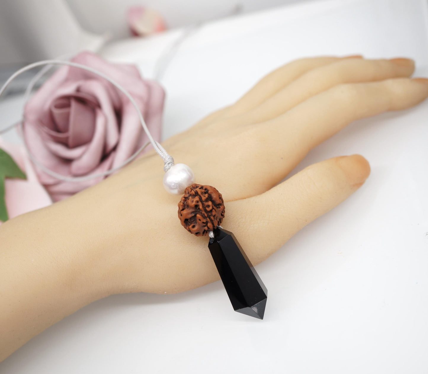 Black Obsidian Rudraksha Seed Necklace, Natural Pearl Chunky Pendant, Adjustable Leather Cord, Spiritual Prayer & Energy Jewelry #2070