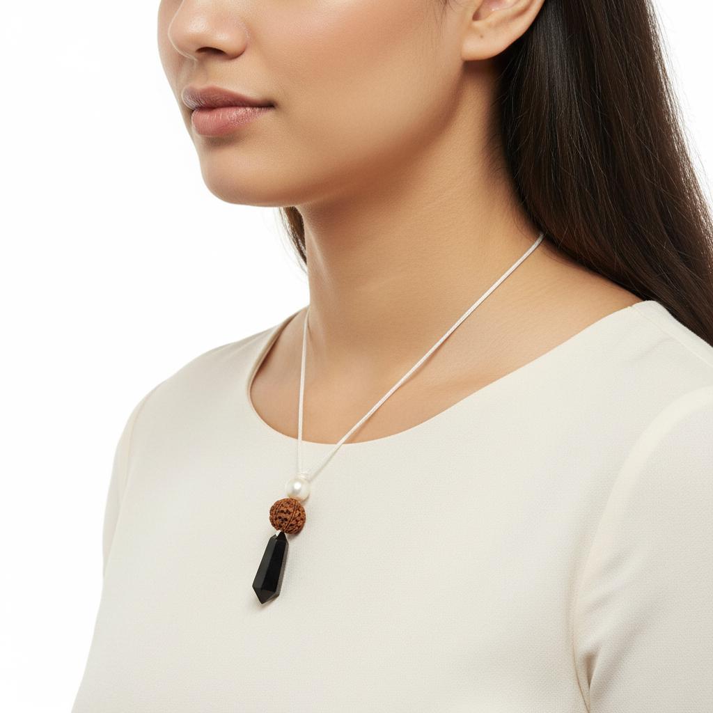 Black Obsidian Rudraksha Seed Necklace, Natural Pearl Chunky Pendant, Adjustable Leather Cord, Spiritual Prayer & Energy Jewelry #2070