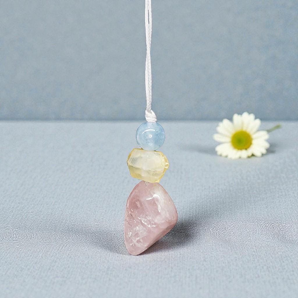 Rose Quartz Aquamarine Necklace, Natural Pink Crystal Chunky Pendant, Chunky Zen Gold Aura Accents, Adjustable Cord, Heart Energy #2069