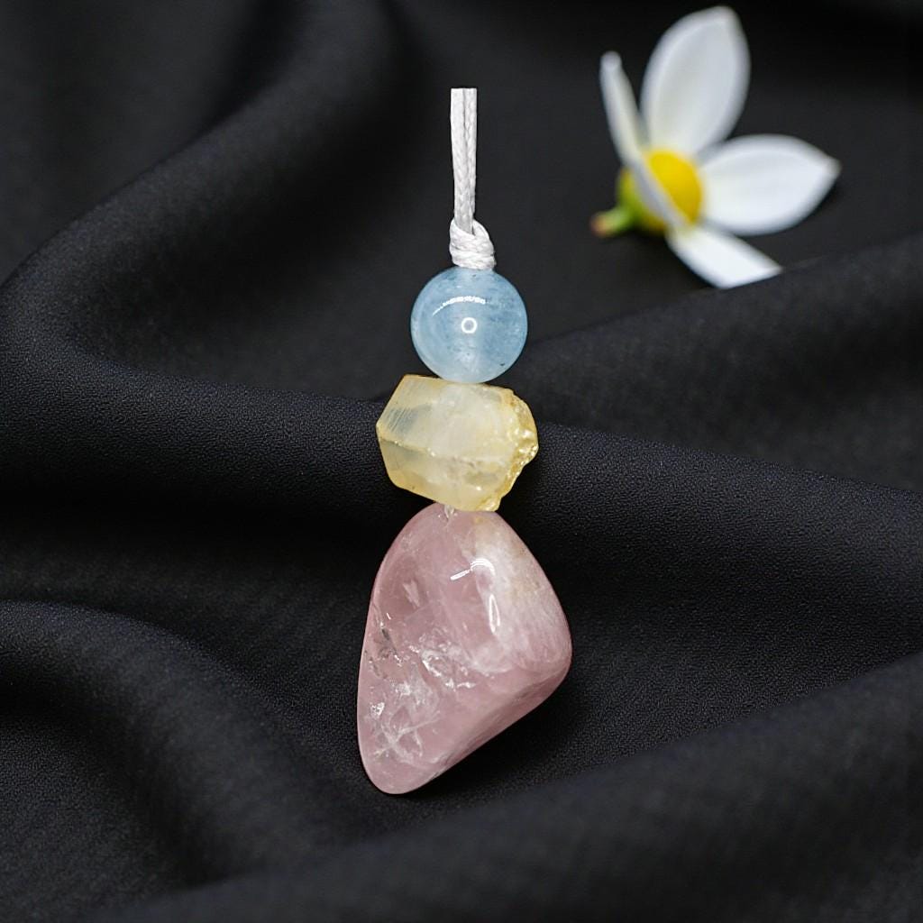 Rose Quartz Aquamarine Necklace, Natural Pink Crystal Chunky Pendant, Chunky Zen Gold Aura Accents, Adjustable Cord, Heart Energy #2069