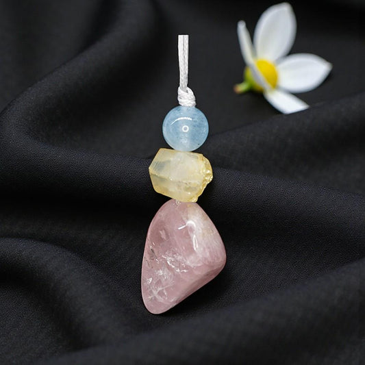 Rose Quartz Aquamarine Necklace, Natural Pink Crystal Chunky Pendant, Chunky Zen Gold Aura Accents, Adjustable Cord, Heart Energy #2069