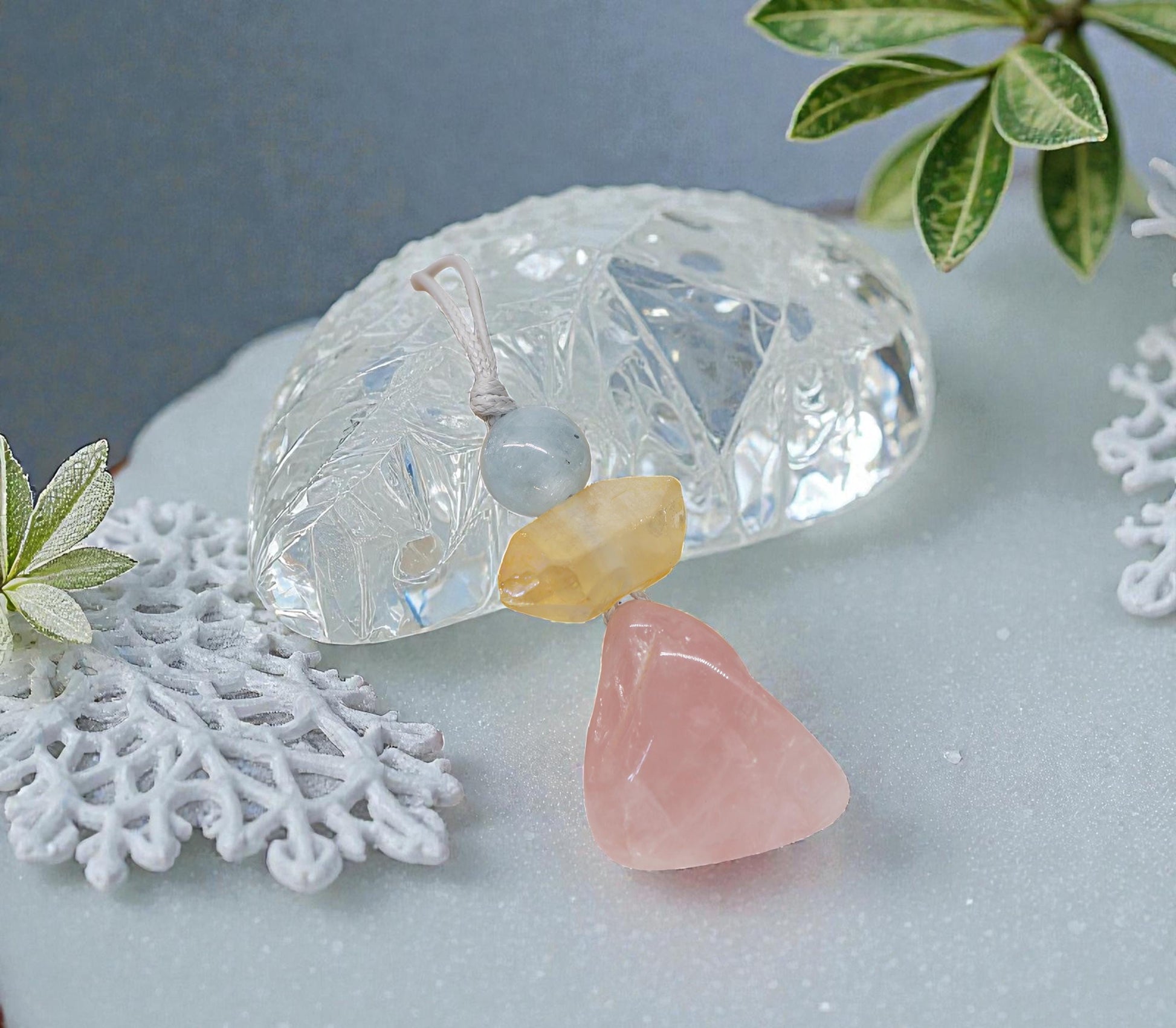 Rose Quartz Aquamarine Necklace, Natural Pink Crystal Chunky Pendant, Chunky Zen Gold Aura Accents, Adjustable Cord, Heart Energy #2069