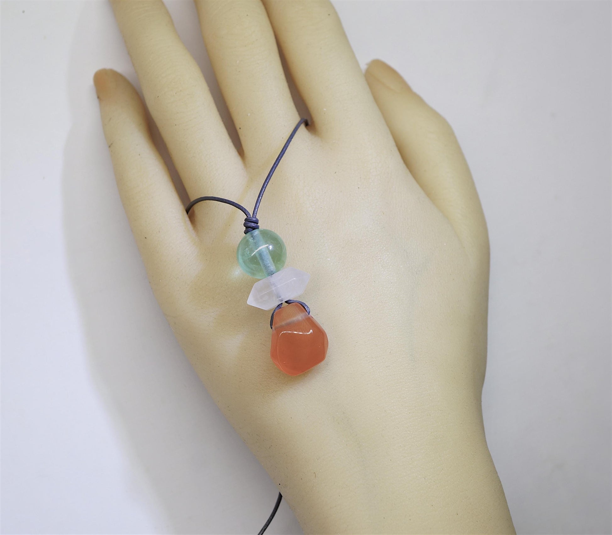 Natural Carnelian Fluorite Quartz Necklace, Zen Leather Cord Pendant, Chunky Geometric Crystal Jewelry, Boho Minimalist Gift for Her #2066