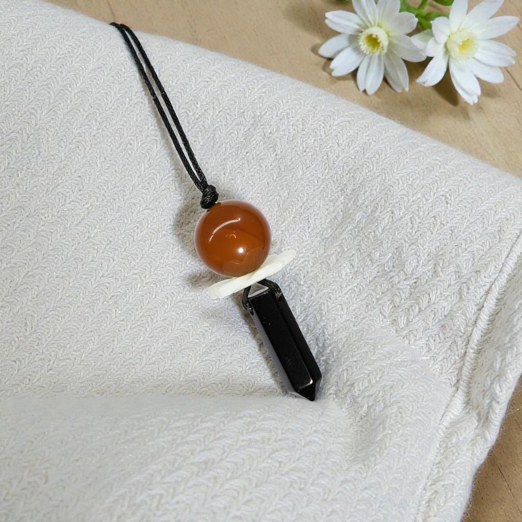 Natural Carnelian & Obsidian Point Necklace, Mother of Pearl Flower Zen Pendant, Chunky Energy Crystal, Adjustable Boho Jewelry Gift #2065