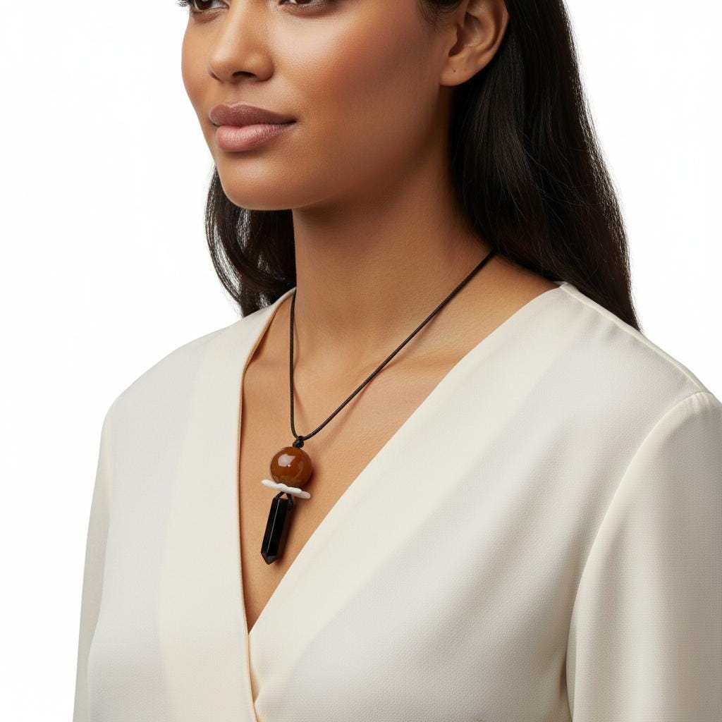 Natural Carnelian & Obsidian Point Necklace, Mother of Pearl Flower Zen Pendant, Chunky Energy Crystal, Adjustable Boho Jewelry Gift #2065