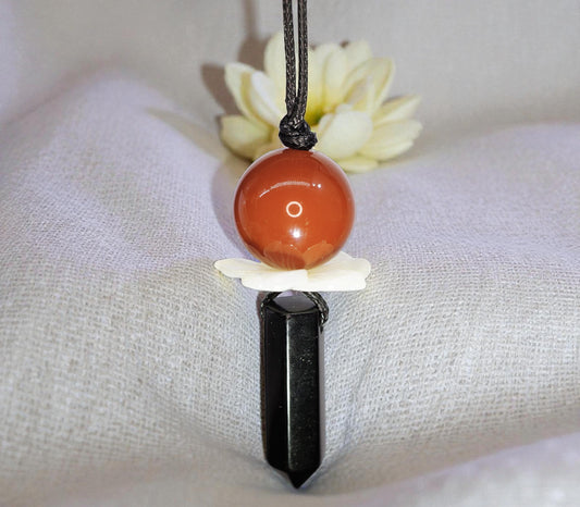 Natural Carnelian & Obsidian Point Necklace, Mother of Pearl Flower Zen Pendant, Chunky Energy Crystal, Adjustable Boho Jewelry Gift #2065