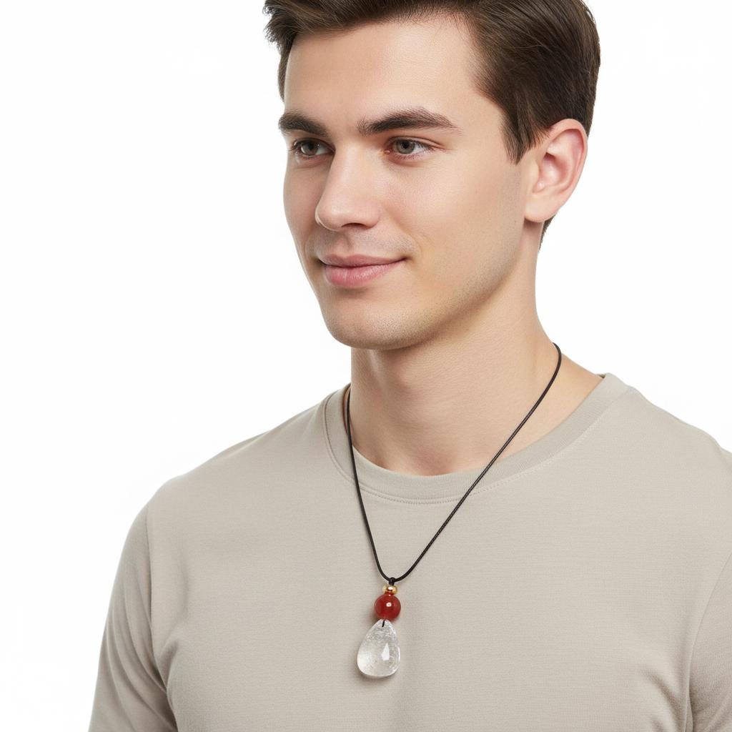 Clear Quartz Red Carnelian Necklace, 18K Gold Bead Zen Pendant, Chunky Geometric Energy Stone, Unisex Boho Crystal Jewelry Gift #2064