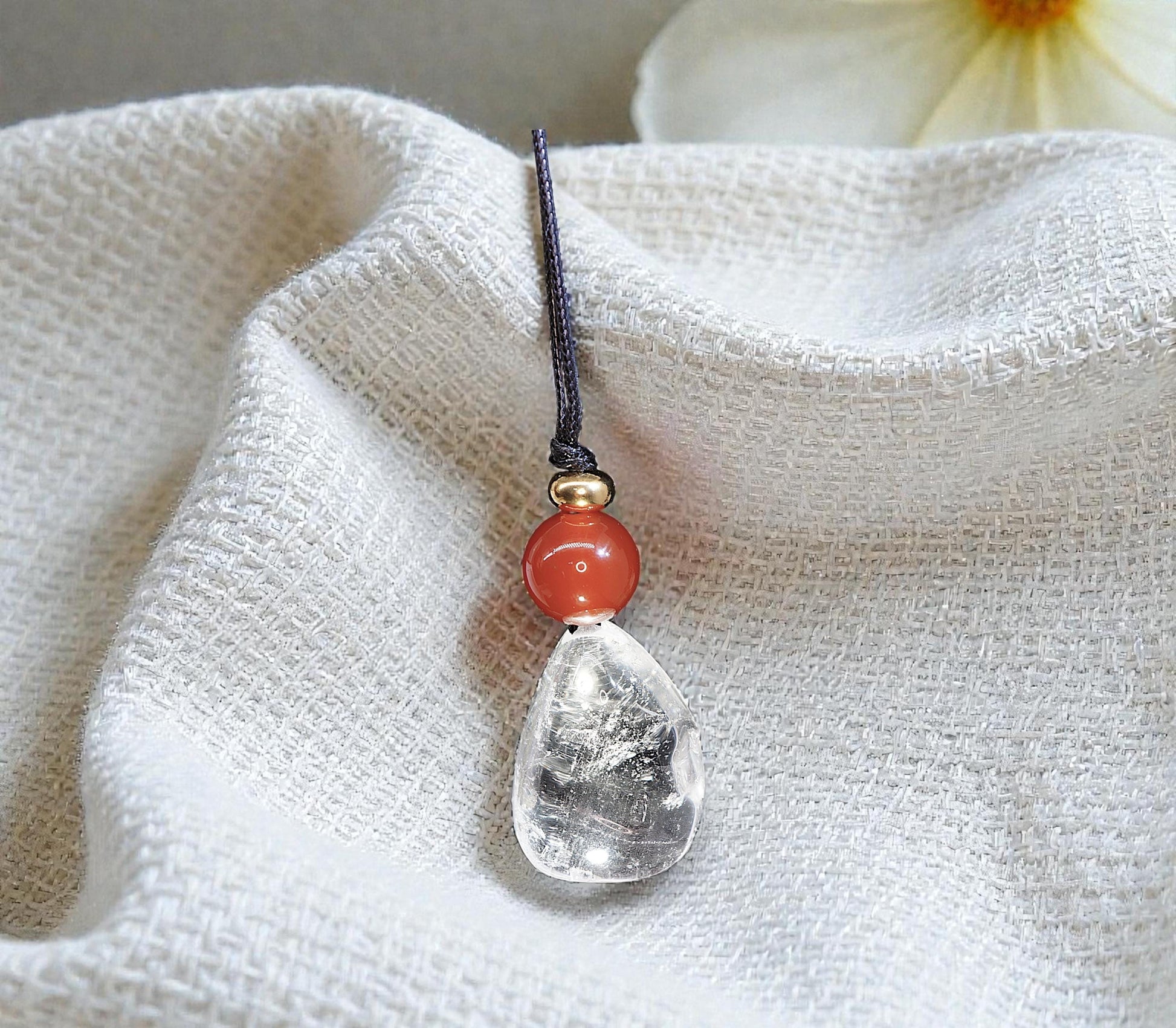 Clear Quartz Red Carnelian Necklace, 18K Gold Bead Zen Pendant, Chunky Geometric Energy Stone, Unisex Boho Crystal Jewelry Gift #2064