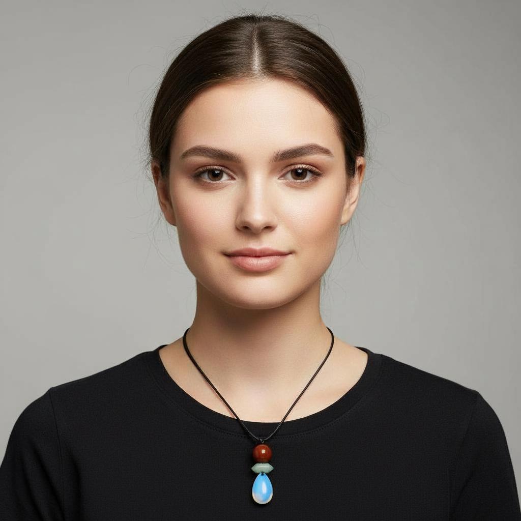 Natural Opal Teardrop & Carnelian Necklace, Green Aventurine Zen Pendant, Chunky Geometric Jewelry, Adjustable Boho Crystal Gift #2062