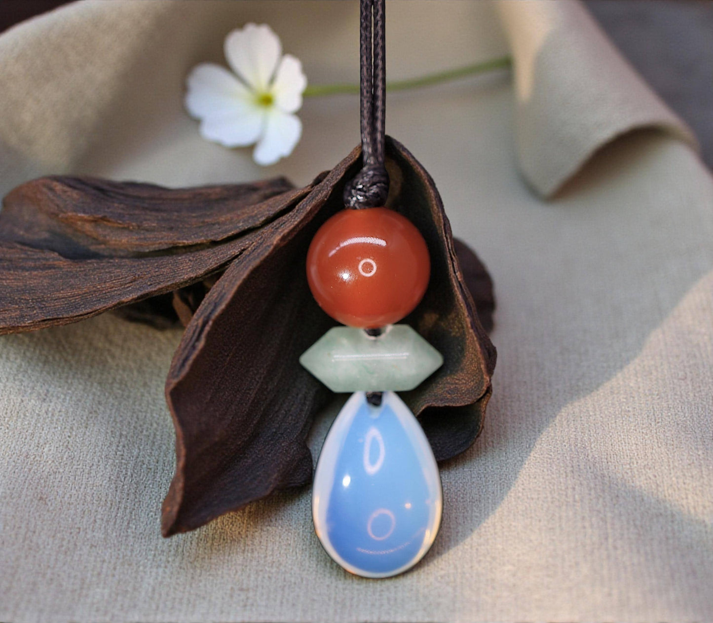 Natural Opal Teardrop & Carnelian Necklace, Green Aventurine Zen Pendant, Chunky Geometric Jewelry, Adjustable Boho Crystal Gift #2062