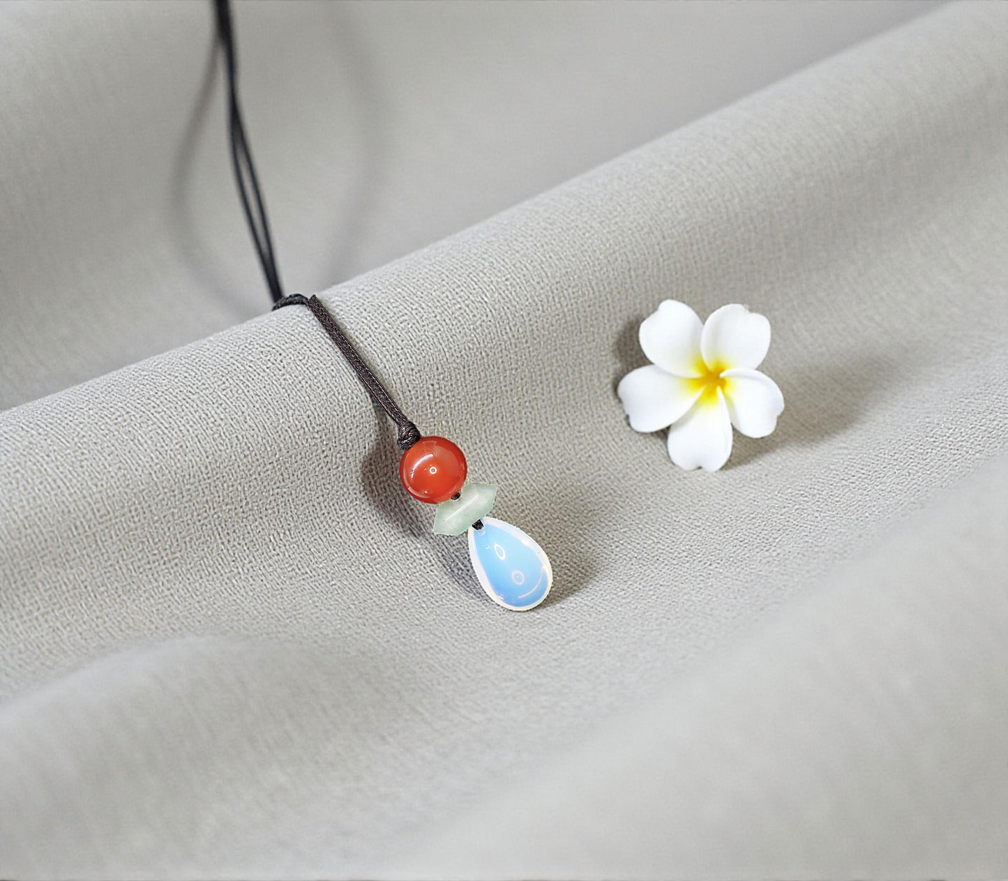 Natural Opal Teardrop & Carnelian Necklace, Green Aventurine Zen Pendant, Chunky Geometric Jewelry, Adjustable Boho Crystal Gift #2062