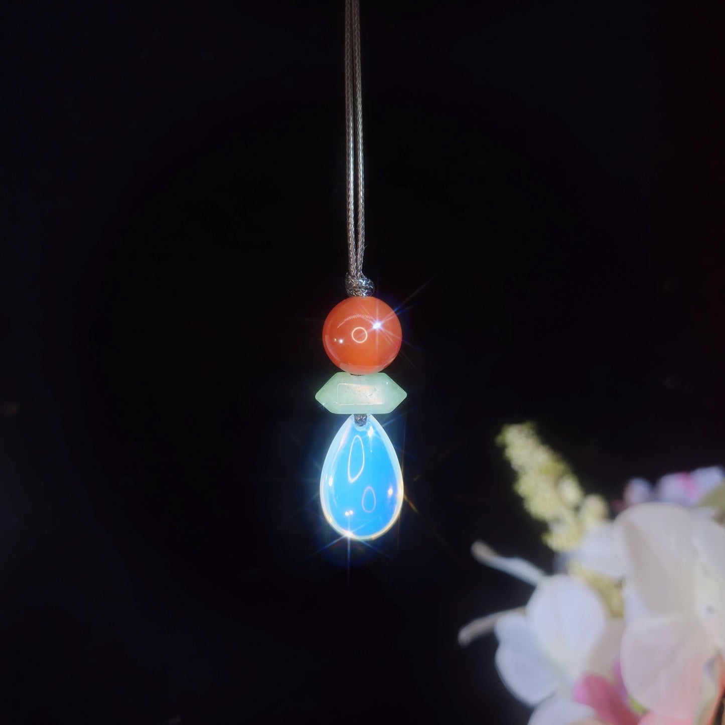 Natural Opal Teardrop & Carnelian Necklace, Green Aventurine Zen Pendant, Chunky Geometric Jewelry, Adjustable Boho Crystal Gift #2062