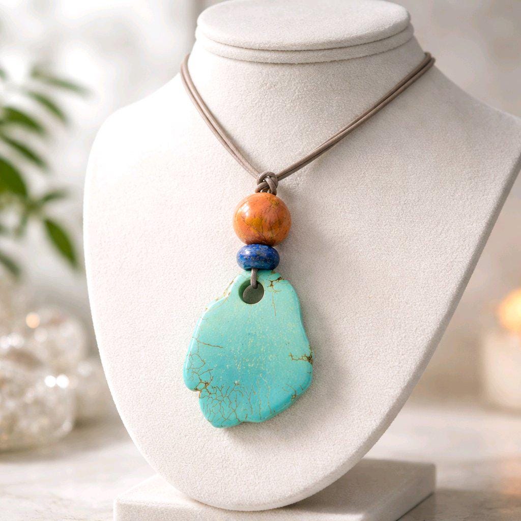 Chunky Turquoise Necklace, Geometric Lapis & Red Jasper Pendant, Zen Boho Gemstone Statement Jewelry, Adjustable Leather Cord Gift #2581