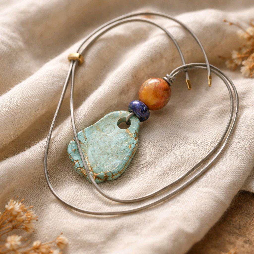 Chunky Turquoise Necklace, Geometric Lapis & Red Jasper Pendant, Zen Boho Gemstone Statement Jewelry, Adjustable Leather Cord Gift #2581