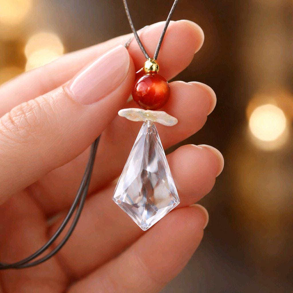 Chunky Clear Quartz Necklace, Geometric Red Carnelian & Baroque Pearl Pendant, Zen Healer Jewelry, Adjustable Leather Cord #2580