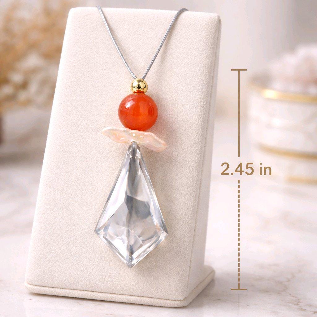 Chunky Clear Quartz Necklace, Geometric Red Carnelian & Baroque Pearl Pendant, Zen Healer Jewelry, Adjustable Leather Cord #2580