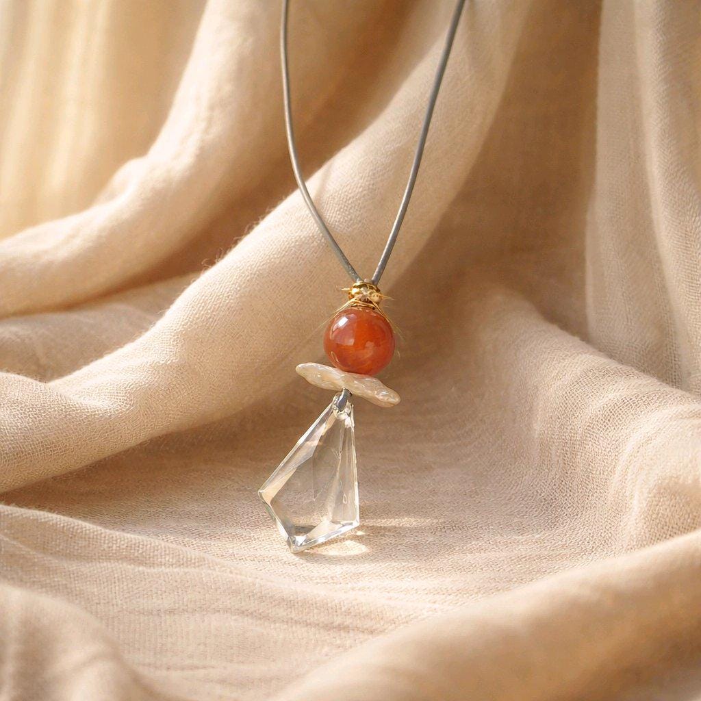 Chunky Clear Quartz Necklace, Geometric Red Carnelian & Baroque Pearl Pendant, Zen Healer Jewelry, Adjustable Leather Cord #2580