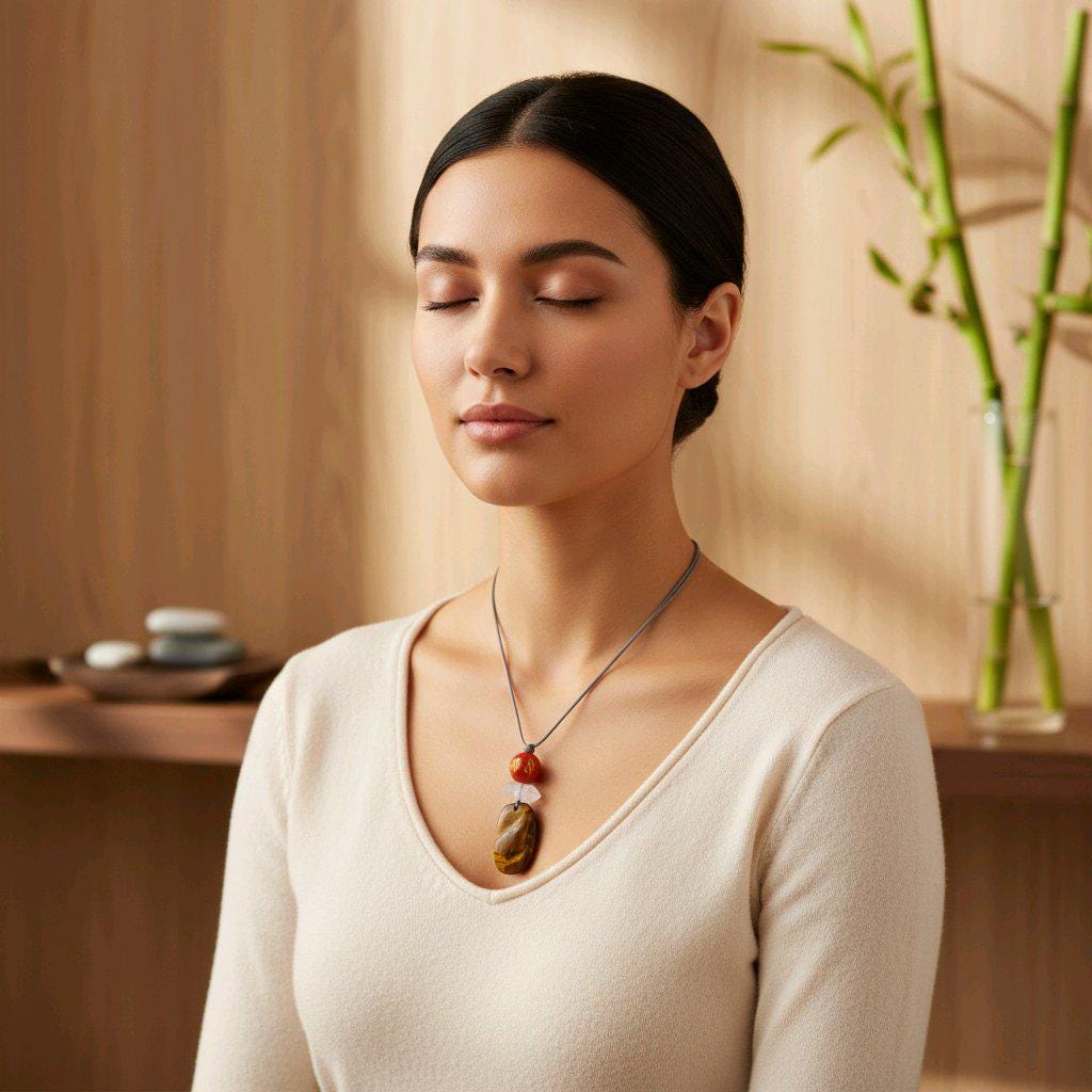 Chunky Tiger's Eye Necklace, Geometric Mantra Carnelian & Quartz Pendant, Zen Spiritual Protection Jewelry, adjustable leather cord #2578