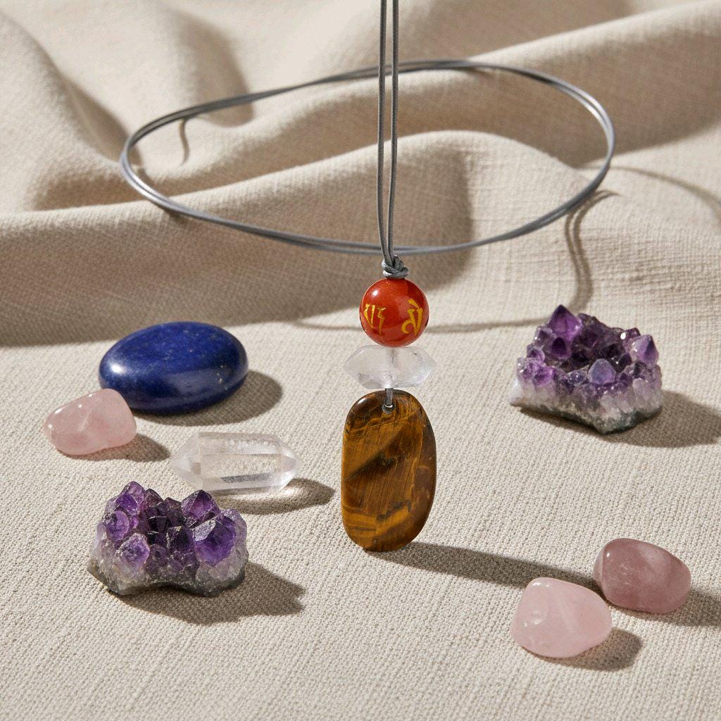 Chunky Tiger's Eye Necklace, Geometric Mantra Carnelian & Quartz Pendant, Zen Spiritual Protection Jewelry, adjustable leather cord #2578