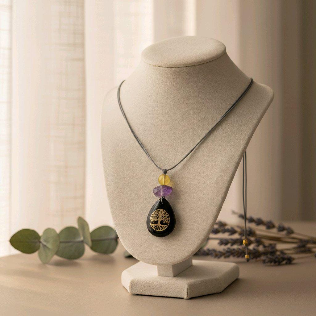 Chunky Black Agate Necklace, Geometric Tree of Life Amethyst Pendant, Zen Spiritual Protection Jewelry, adjustable leather cord 24 in" #2577