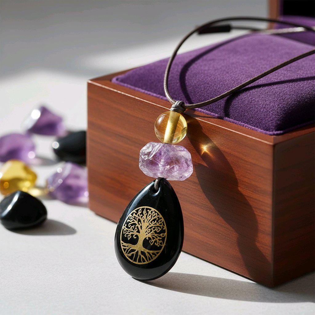 Chunky Black Agate Necklace, Geometric Tree of Life Amethyst Pendant, Zen Spiritual Protection Jewelry, adjustable leather cord 24 in" #2577