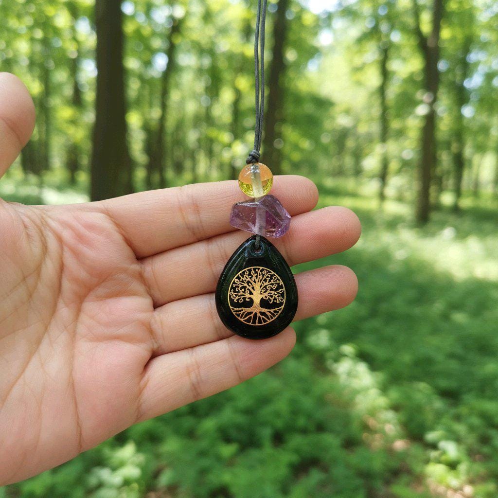 Chunky Black Agate Necklace, Geometric Tree of Life Amethyst Pendant, Zen Spiritual Protection Jewelry, adjustable leather cord 24 in" #2577