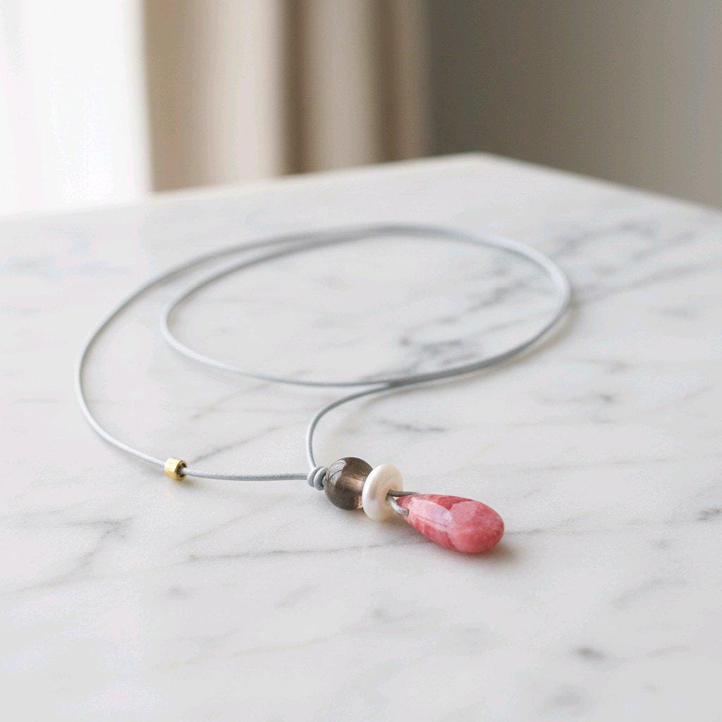 Chunky Rhodochrosite Necklace, Geometric Pink Stone Pendant with Baroque Pearl & Smoky Quartz, Spiritual Jewelry, Adjustable Leather #2576