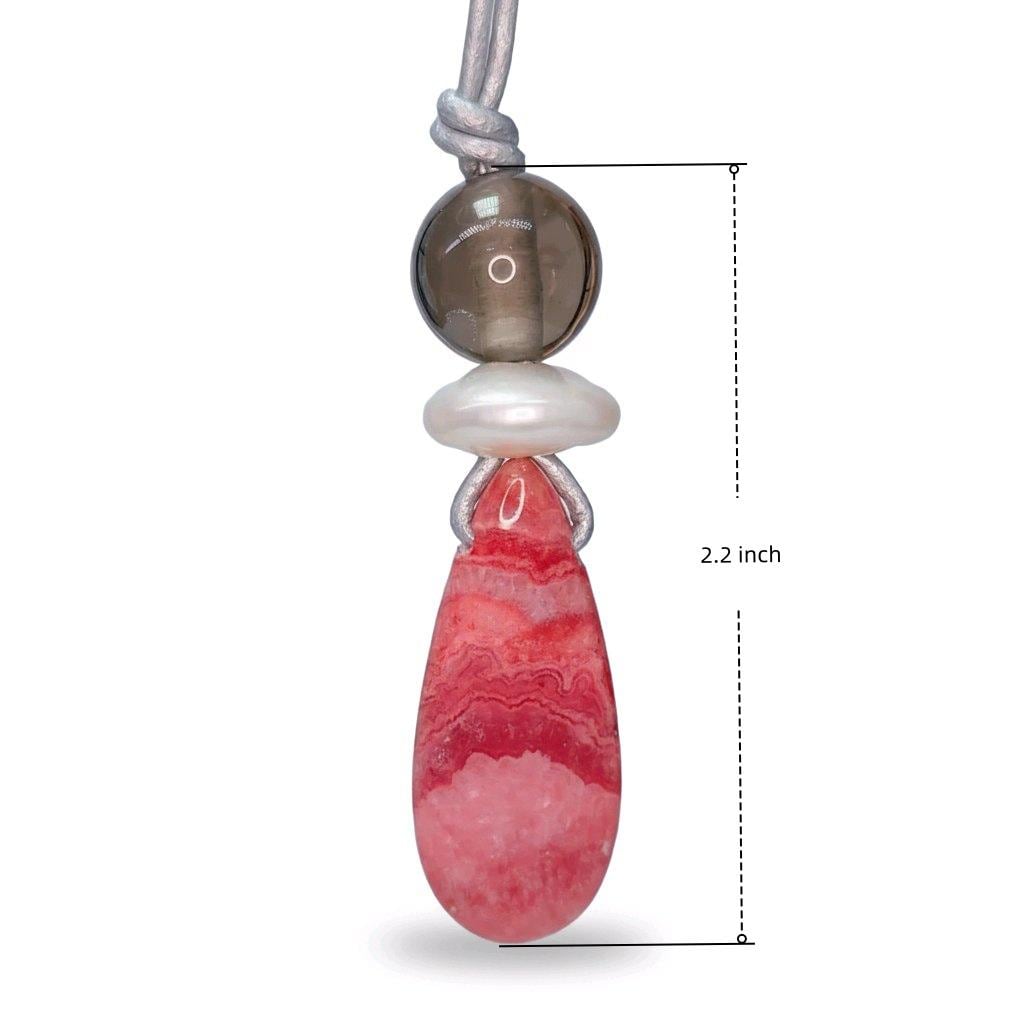 Chunky Rhodochrosite Necklace, Geometric Pink Stone Pendant with Baroque Pearl & Smoky Quartz, Spiritual Jewelry, Adjustable Leather #2576