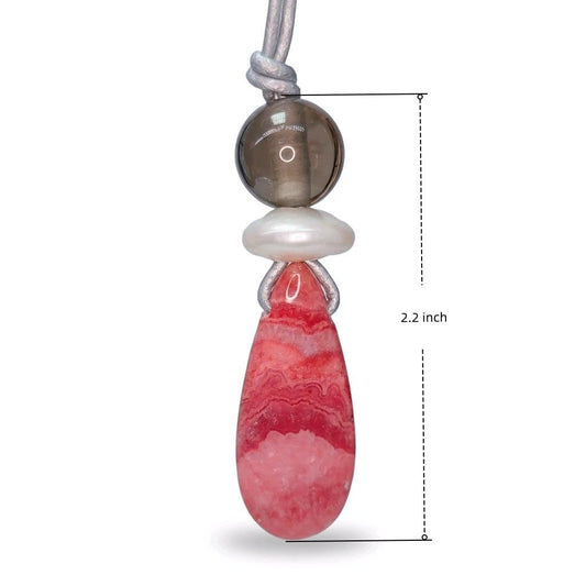 Chunky Rhodochrosite Necklace, Geometric Pink Stone Pendant with Baroque Pearl & Smoky Quartz, Spiritual Jewelry, Adjustable Leather #2576