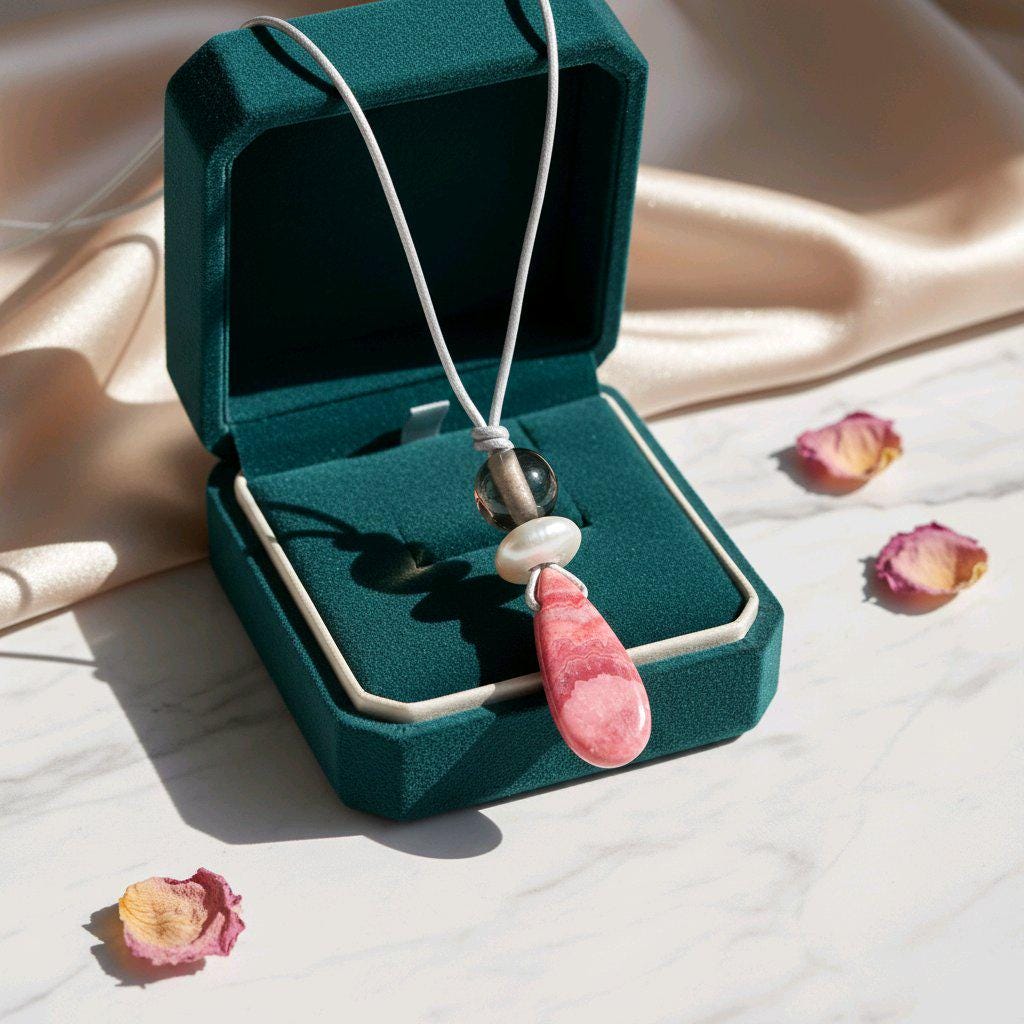 Chunky Rhodochrosite Necklace, Geometric Pink Stone Pendant with Baroque Pearl & Smoky Quartz, Spiritual Jewelry, Adjustable Leather #2576