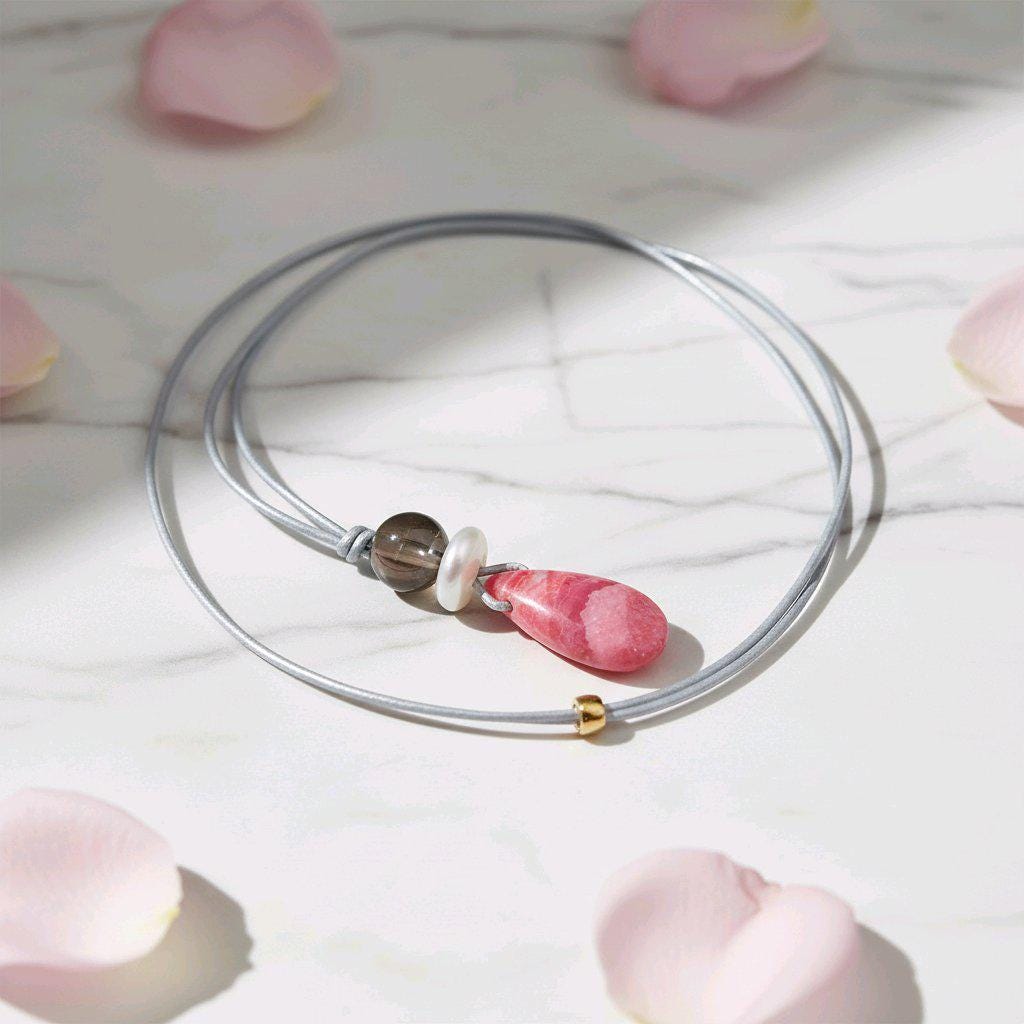 Chunky Rhodochrosite Necklace, Geometric Pink Stone Pendant with Baroque Pearl & Smoky Quartz, Spiritual Jewelry, Adjustable Leather #2576