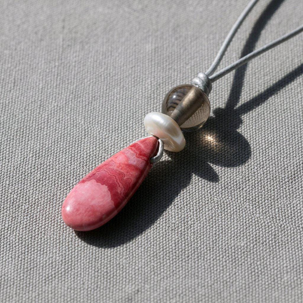 Chunky Rhodochrosite Necklace, Geometric Pink Stone Pendant with Baroque Pearl & Smoky Quartz, Spiritual Jewelry, Adjustable Leather #2576